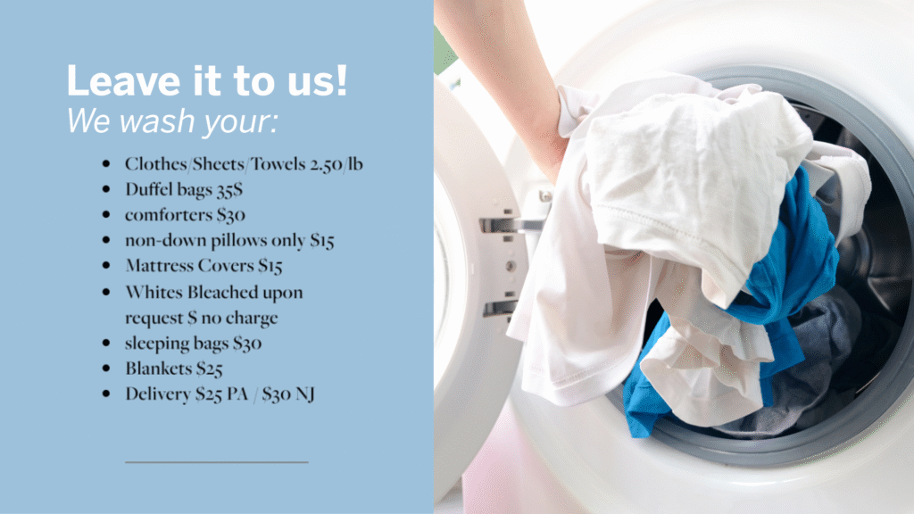 Camp laundry washed, folded and delivered for towels, sleeping bags, duffels, shorts, t's, and more.